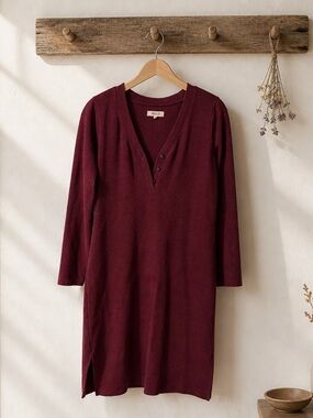 Madewell Long Sleeve Burgundy V-Neck Button Tunic Dress